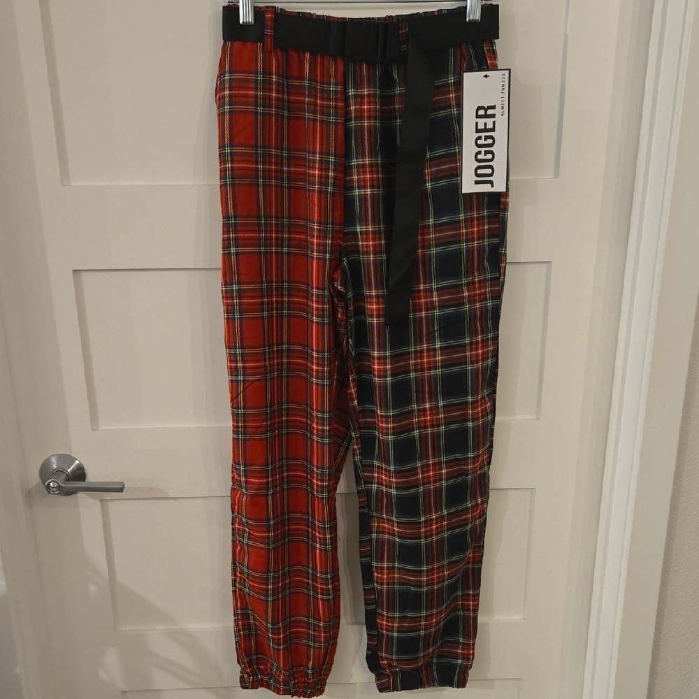 Almost Famous Red and Black Plaid Joggers with Stretch Waist & Removable Belt